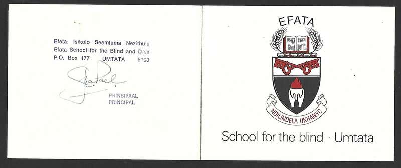 Transkei FDCard - EFATA School of the blind - Variety - Signed by the Principal - Scarce!