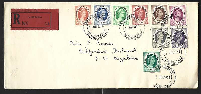 Rhodesia & Nyasaland FDC - 1954 definitive issue - short set.