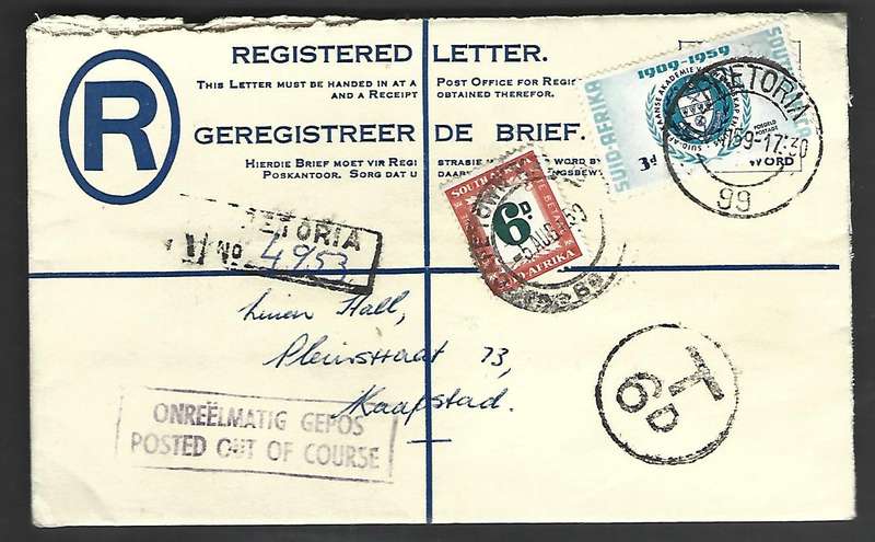 Union of SA - Registered letter with postage due 6d and cachet - scarce!