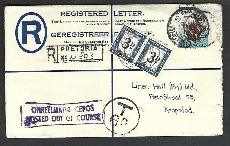 Union of SA - Registered letter with postage due 2 x 3d and cachet - scarce!