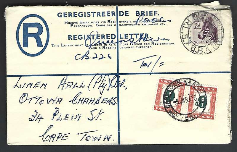Union of SA - Registered letter with postage due 2 x 6d and signed by Pool CB 226 - scarce!