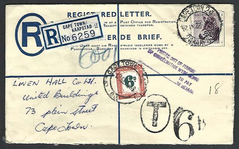 Union of SA - Registered letter with postage due 1 x 6d and cachet - scarce!