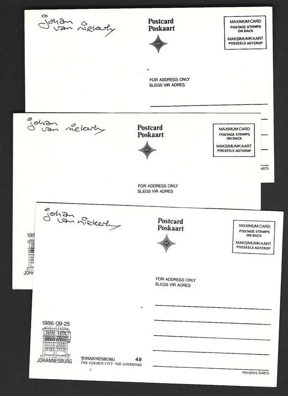 RSA Postcards - Johannesburg -Variety- Signed by stamp designer Johan Van Niekerk.