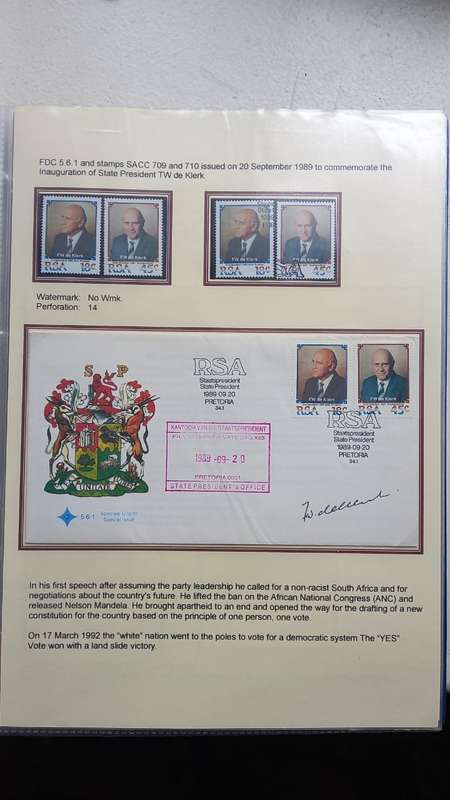 Stamp collection on former President  F.W.de Klerk - lots of signatures.