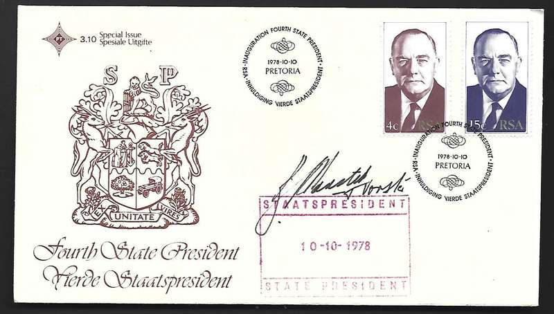 RSA FDC 3.10 - Inauguration of President - Variety - Signed and named by President Vorster- Scarce!