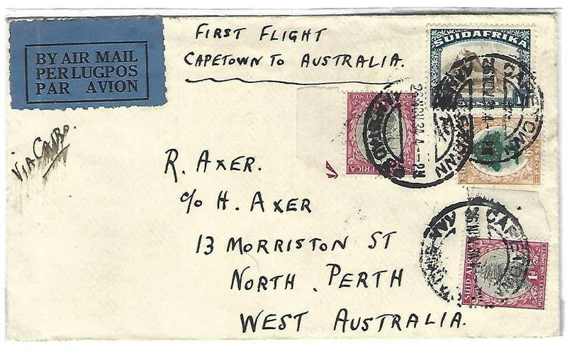 Union First Flight Cover- Cape Town to Australia 23 Nov 1934