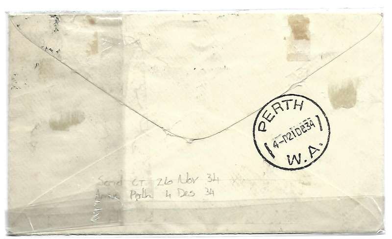 Union First Flight Cover- Cape Town to Australia 23 Nov 1934