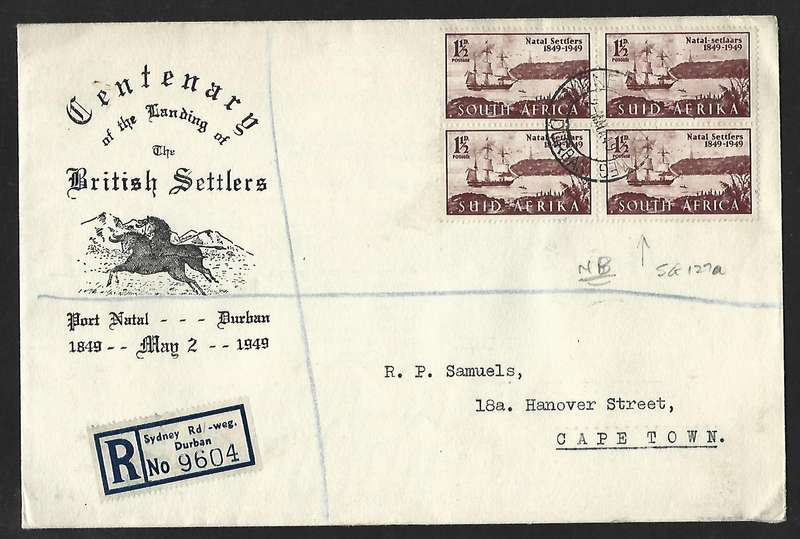Union of SA - FDC - British Settlers- Variety - with streamer on mast - very scarce!