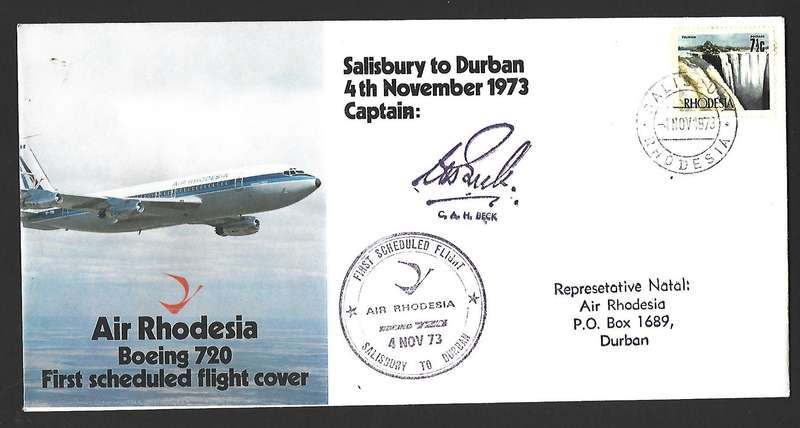 Rhodesia FDC - First scheduled flight cover - Salisbury to Durban -Variety- Signed .
