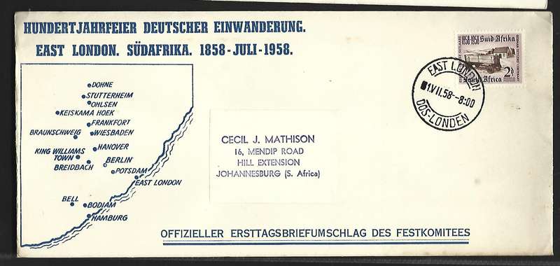 Union SA-FDC- Centenary of arrival of German Settlers 1/7/58