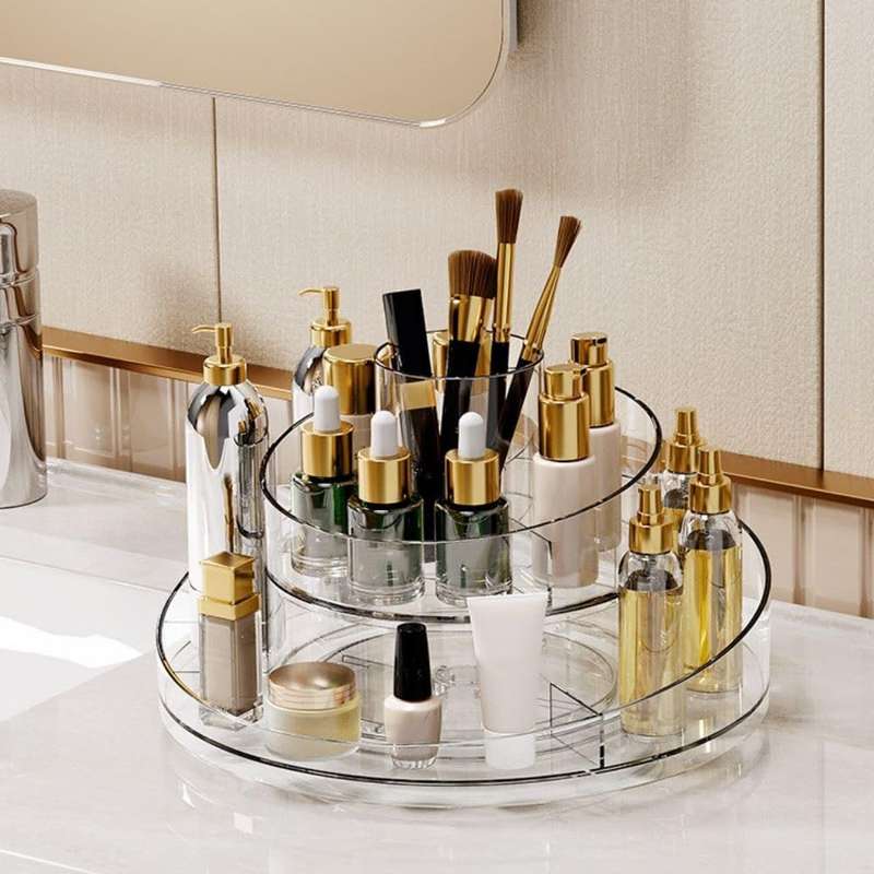 Clear Acrylic Makeup Organizer Tray 360 Rotating Cosmetics Display Case