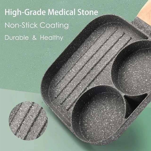 Aluminium Non-Stick Grill 3 Division Frying Pan Grey Wooden Handle