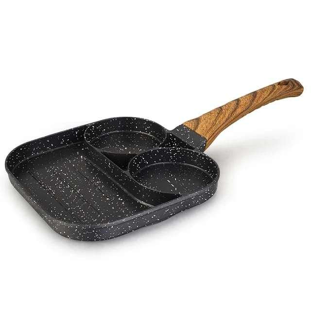 Aluminium Non-Stick Grill 3 Division Frying Pan Grey Wooden Handle