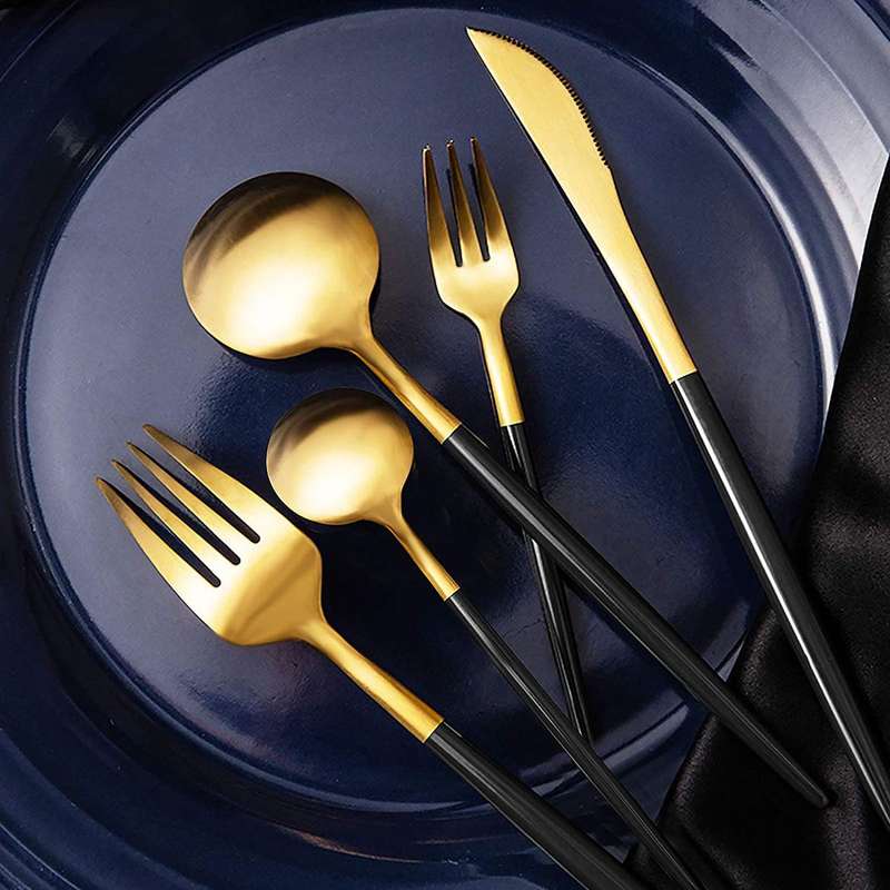 Deluxe Quality Black & Gold Stainless Steel Cutlery 24 Piece Set