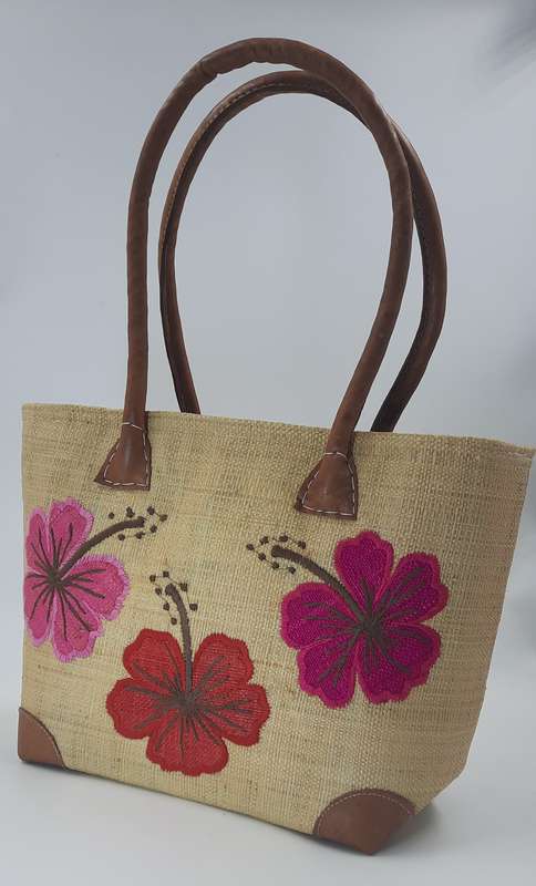 Madagascan Raffia tote bag!Beige and pink!