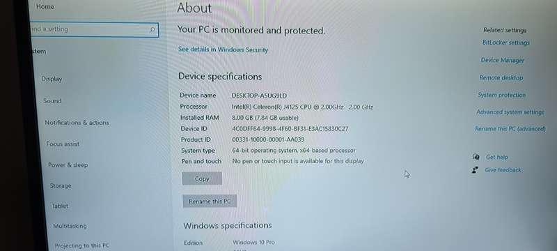 Intel Celeron J4125, 8Gb Ram, 256 HDD