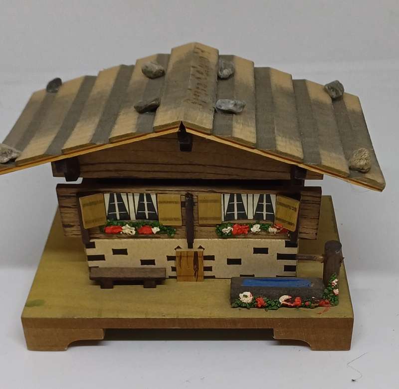 Vintage wooden Swiss Chalet Music Box - working