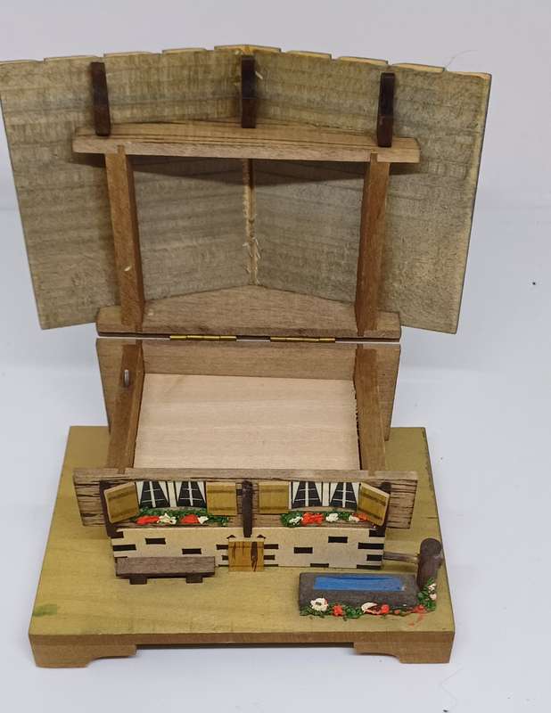 Vintage wooden Swiss Chalet Music Box - working