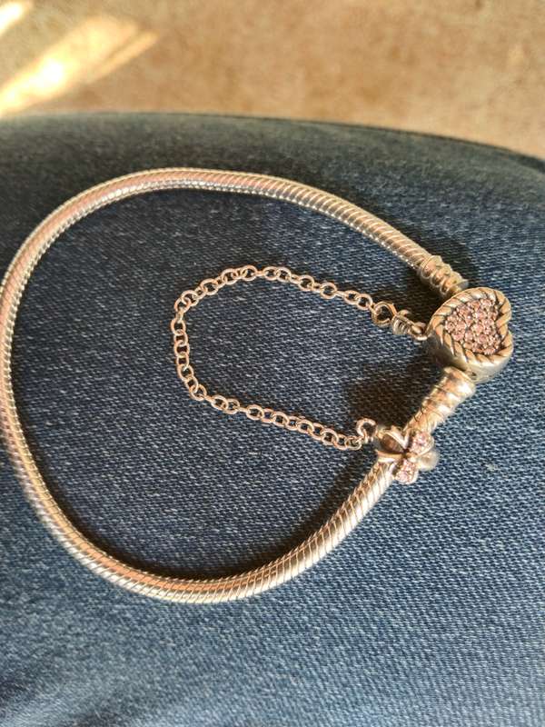 Silver Pandora snake band charm bracelet light pink Tanzanite stones heart & bow charm S925