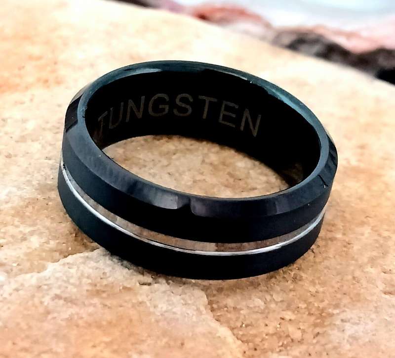 Tungsten Carbide Matt Black with Silver Groove Mens Ring