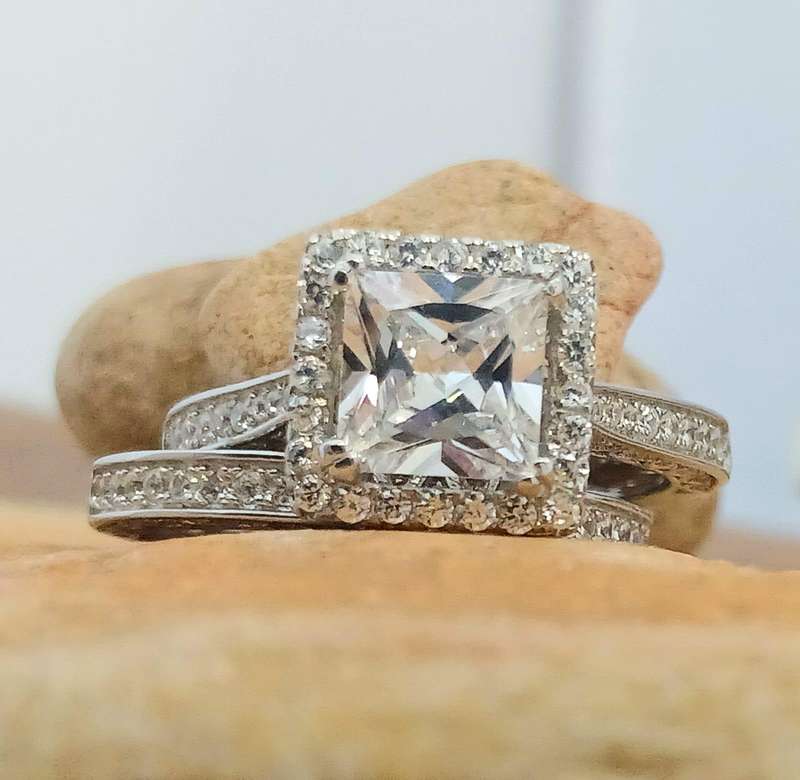 Victorian Inspired .925 Sterling Silver Halo Princess Double Ring Set
