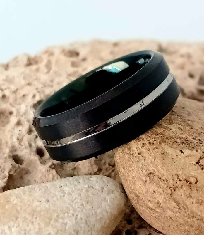 Tungsten Carbide Matt Black with Silver Groove Mens Ring