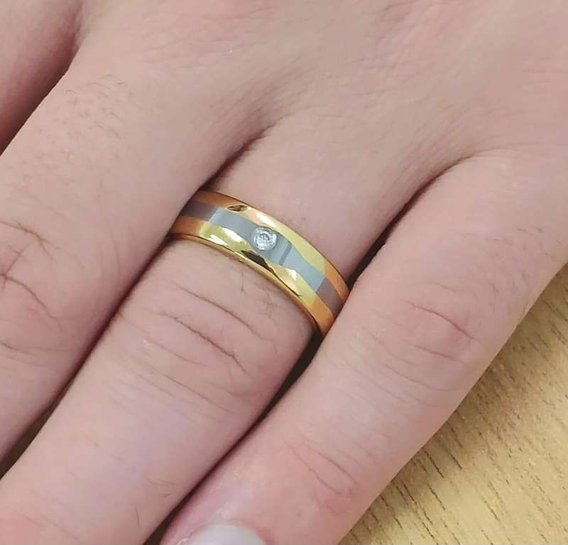 Tungsten Carbide Gold and Grey Solitaire Mens Ring