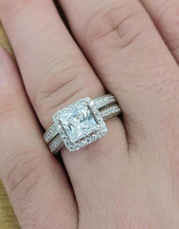 Victorian Inspired .925 Sterling Silver Halo Princess Double Ring Set