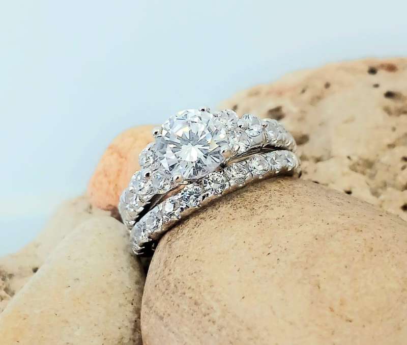 Antique Inspired .925 Sterling Silver Round Cut CZ with Accents Double Ring Set