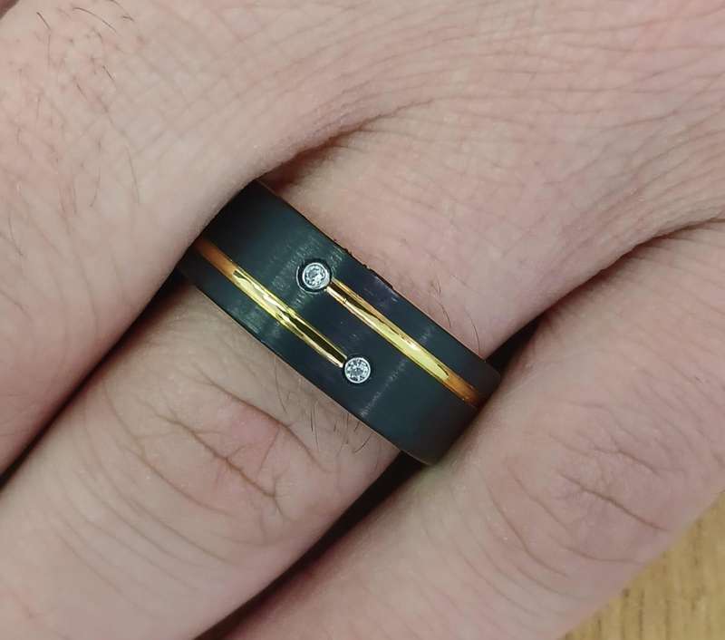 Trendy Tungsten With Black And Gold Overlay Mens Ring