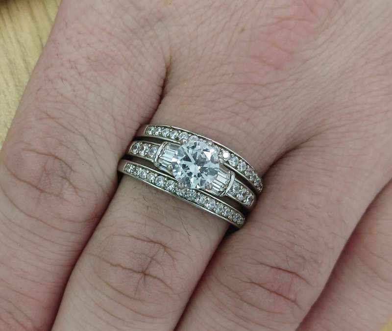 Elegant .925 Sterling Silver Round Cut With Baguette Accents Triple Ring Set