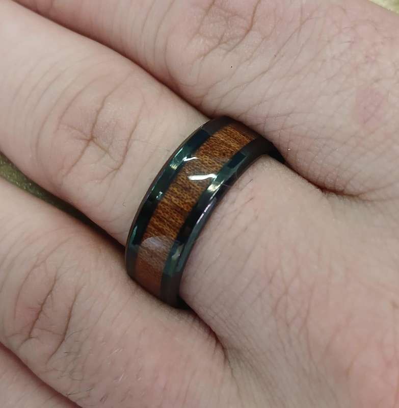 Rustic Stainless Steel Wood Inlay Mens Ring