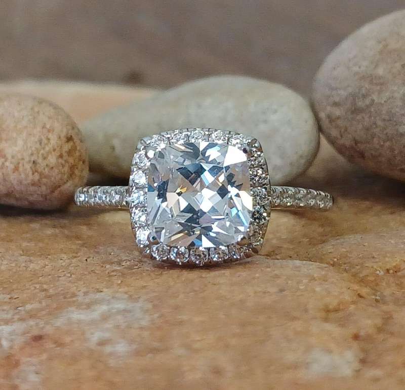 Pretty .925 Sterling Silver Single Shank Cushion Halo Ring