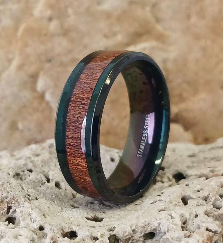 Rustic Stainless Steel Wood Inlay Mens Ring