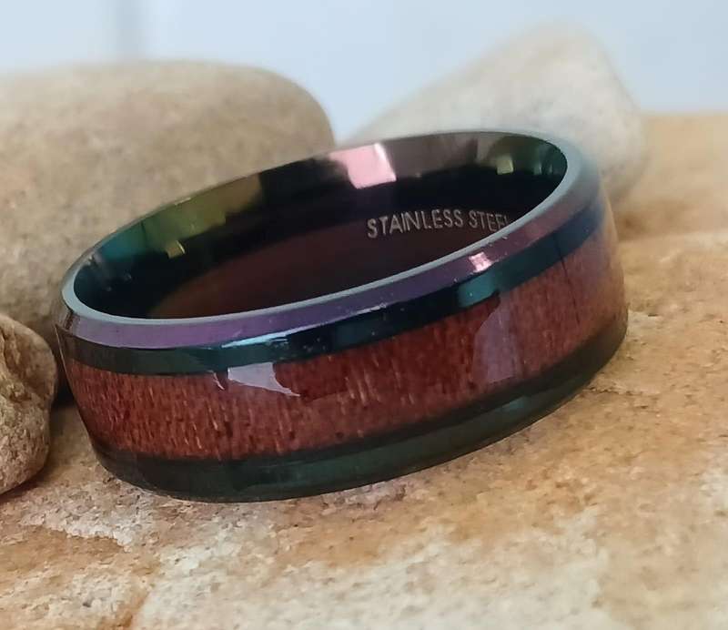 Rustic Stainless Steel Wood Inlay Mens Ring