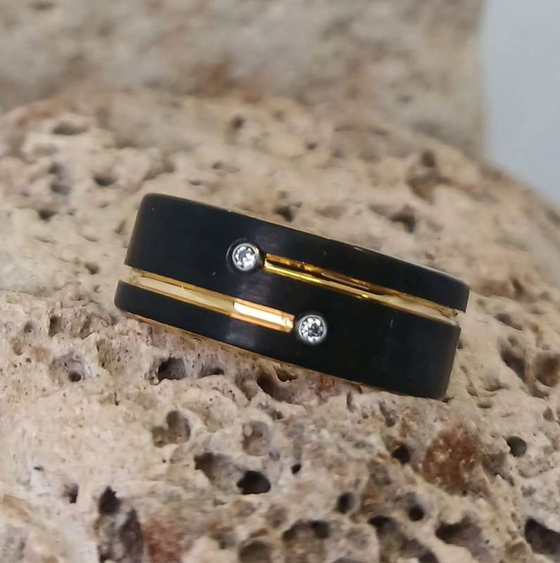 Trendy Tungsten With Black And Gold Overlay Mens Ring