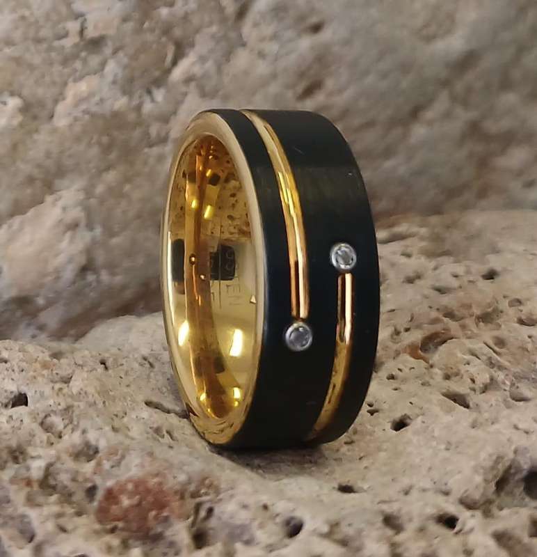 Trendy Tungsten With Black And Gold Overlay Mens Ring