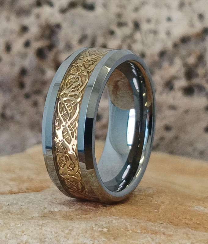 Tungsten Carbide and Gold GP Celtic Inlay Ring