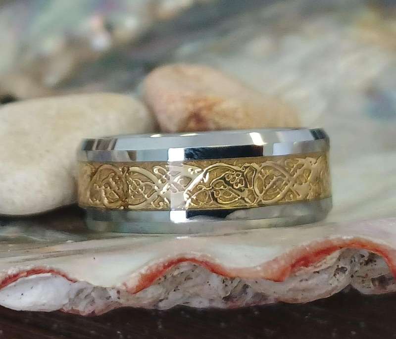 Tungsten Carbide and Gold GP Celtic Inlay Ring
