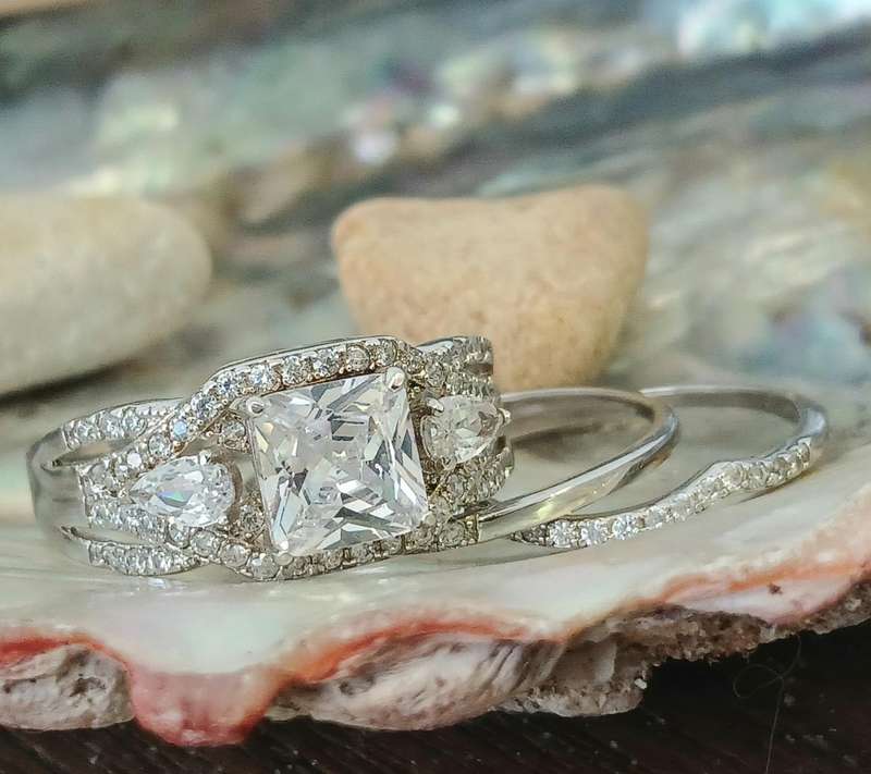 Decadent .925 Sterling Silver Princess and Pears Triple Ring Set