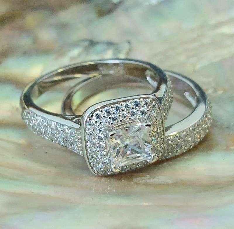 Sparkling .925 Sterling Silver Micropave Princess Halo Double Ring Set