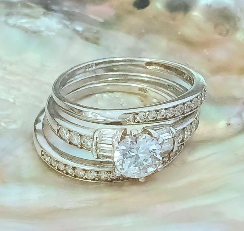 Elegant .925 Sterling Silver Round Cut With Baguette Accents Triple Ring Set