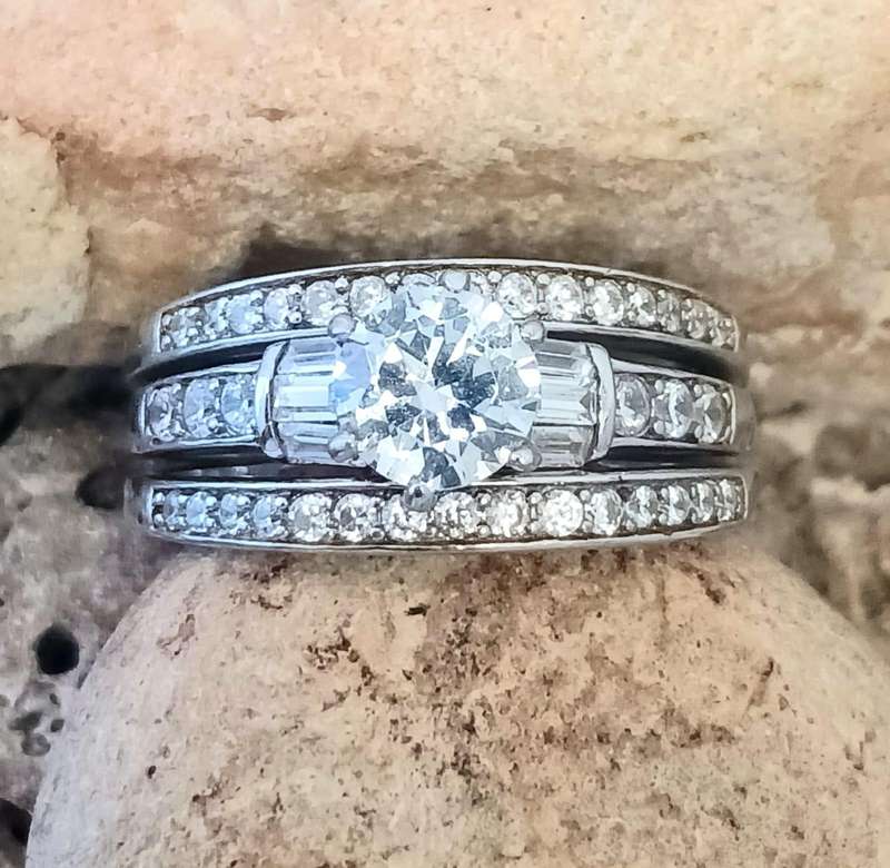 Elegant .925 Sterling Silver Round Cut With Baguette Accents Triple Ring Set