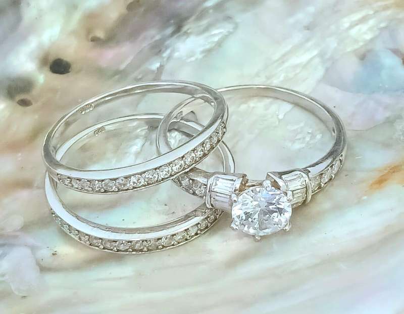 Elegant .925 Sterling Silver Round Cut With Baguette Accents Triple Ring Set
