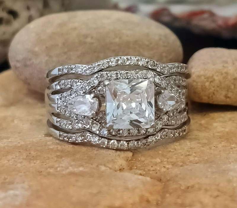 Decadent .925 Sterling Silver Princess and Pears Triple Ring Set
