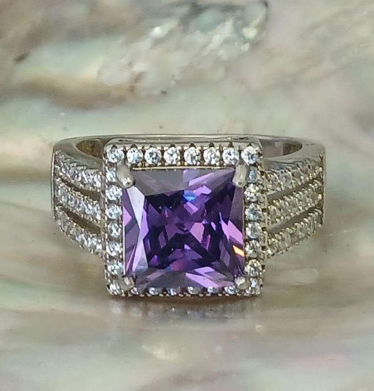 Chunky .925 Sterling Silver Amethyst CZ Princess Halo Triple Shank Ring