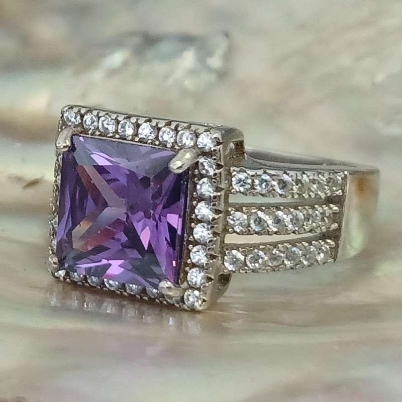 Chunky .925 Sterling Silver Amethyst CZ Princess Halo Triple Shank Ring