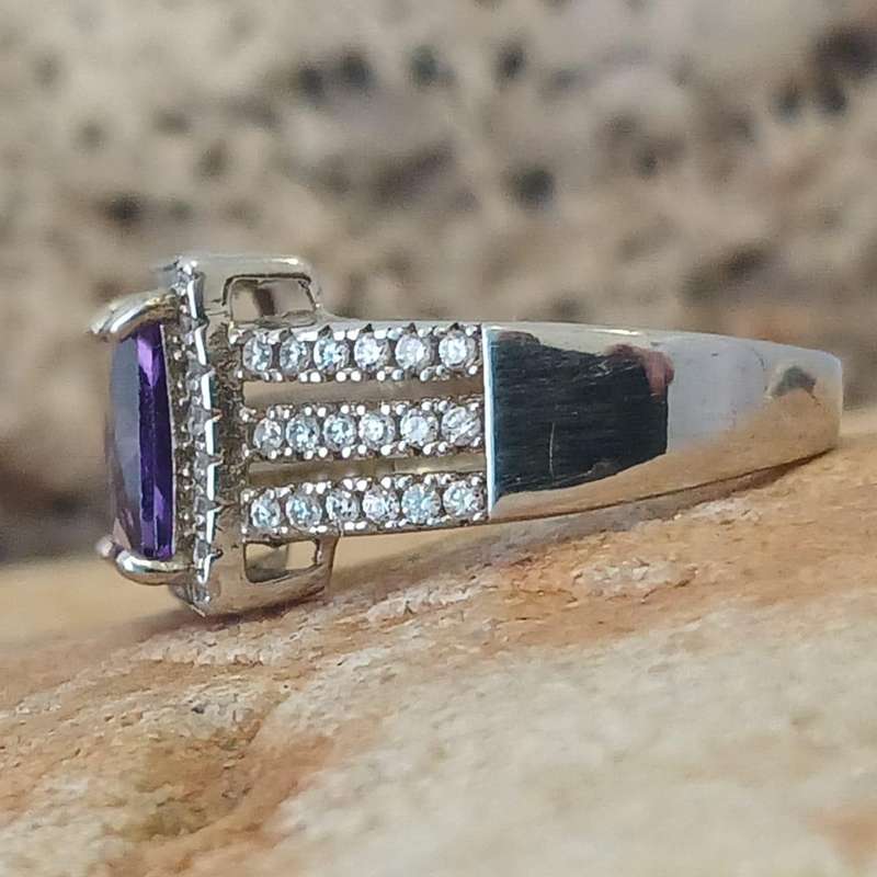 Chunky .925 Sterling Silver Amethyst CZ Princess Halo Triple Shank Ring