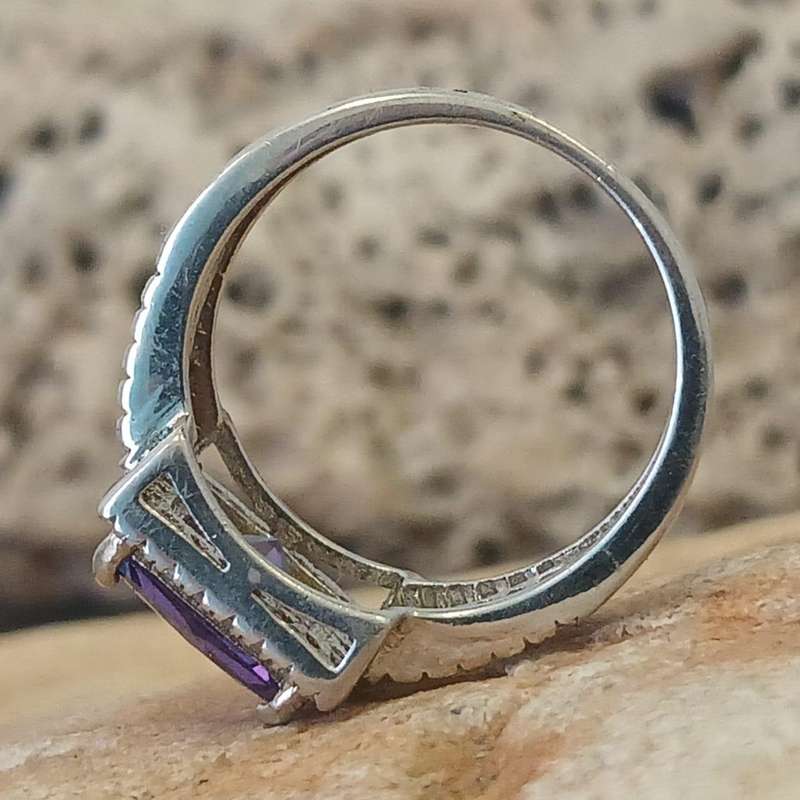 Chunky .925 Sterling Silver Amethyst CZ Princess Halo Triple Shank Ring
