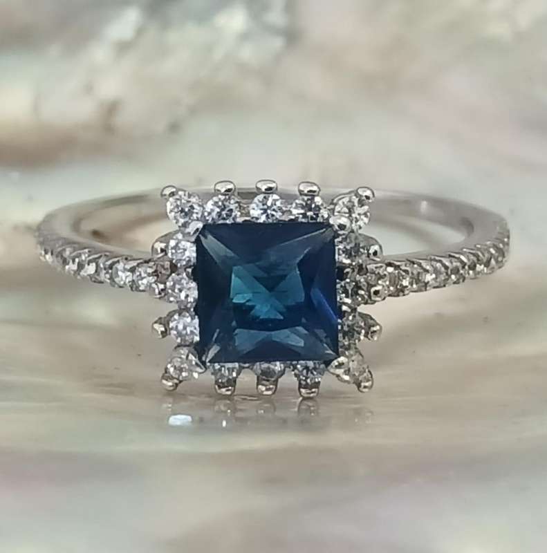 Pretty And Petite .925 Sterling Silver Sapphire CZ Princess Halo Ring